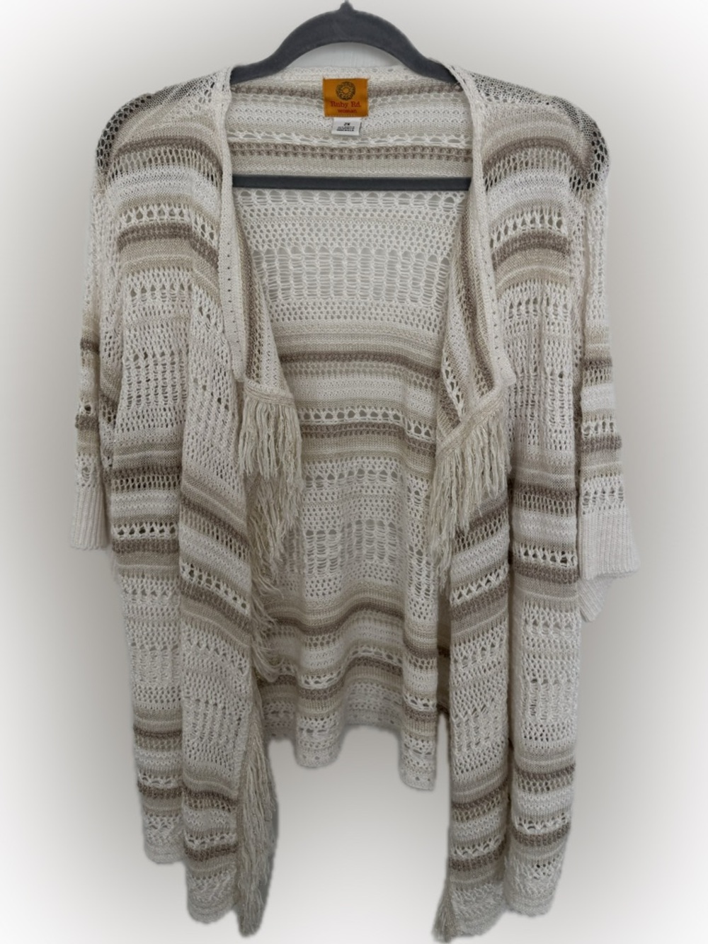 Ruby Rd. Plus Size 2X Cream & Tan Open-Knit Summer Cardigan
